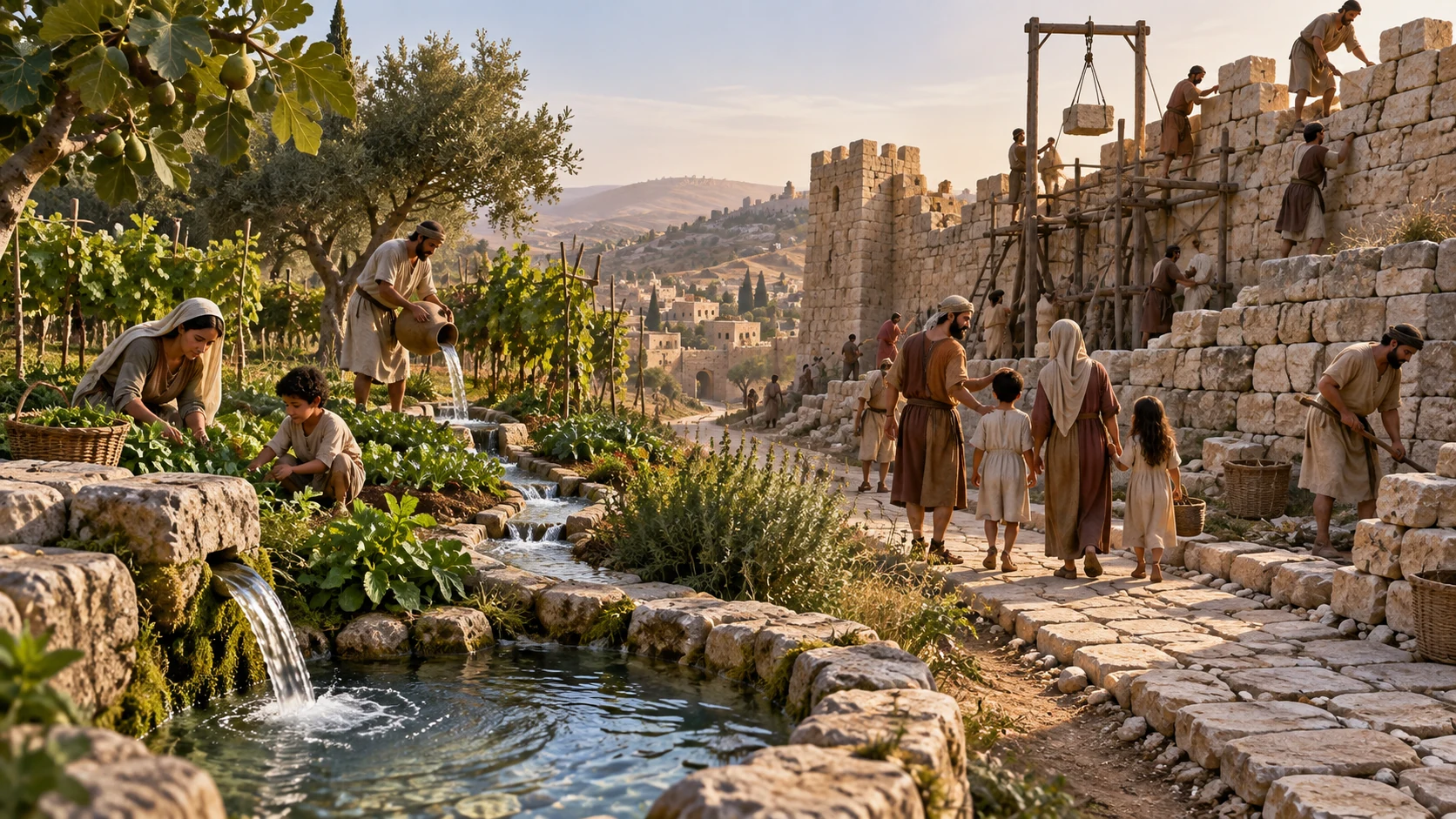 An unfailing spring nourishes families rebuilding ancient walls and safe paths for dwelling.