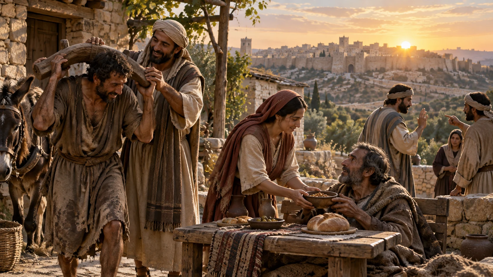 At dawn, neighbors abandon accusation and satisfy those who hunger beneath their own burdens.