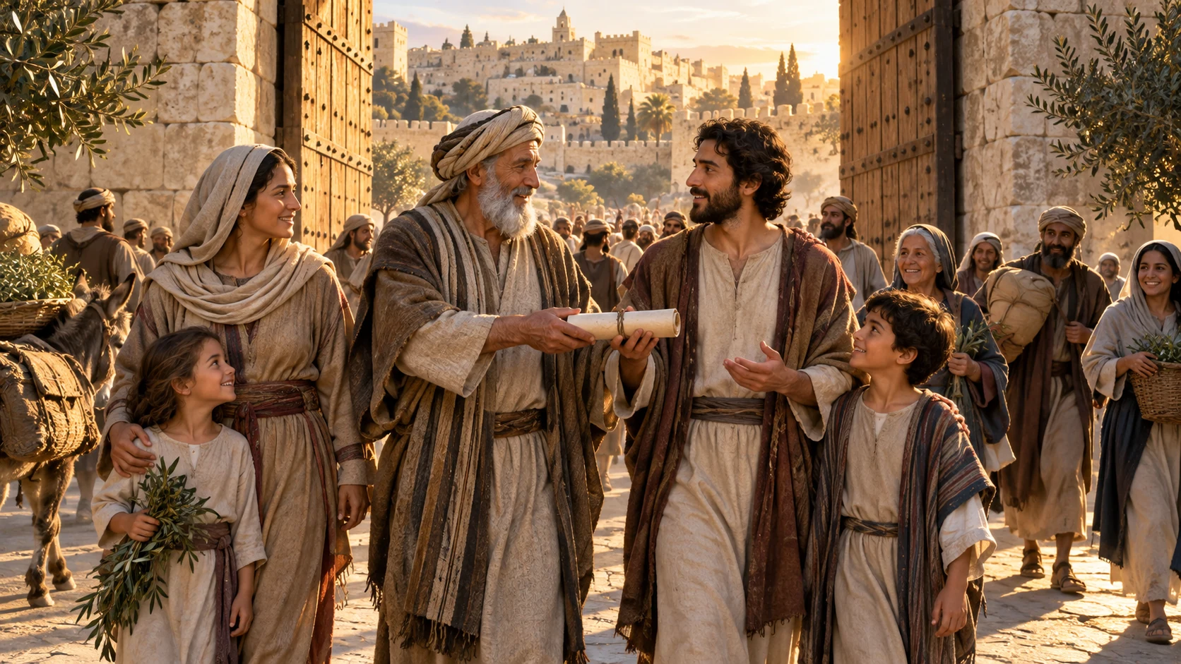 A returning community shares the covenant word from elders to children at Zion’s open gate.
