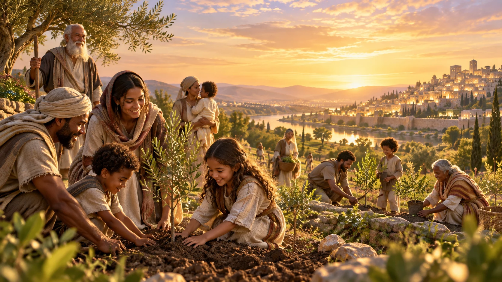 Generations plant young trees as mourning ends and a small people begins to flourish.