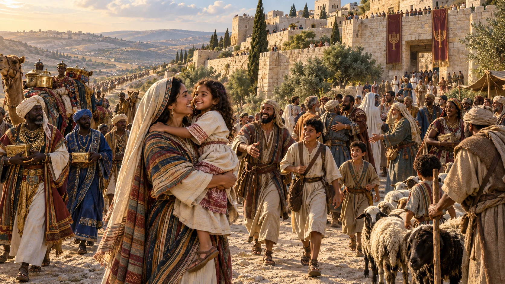 Families reunite as camel caravans and shepherds bring distant peoples and gifts toward Zion.