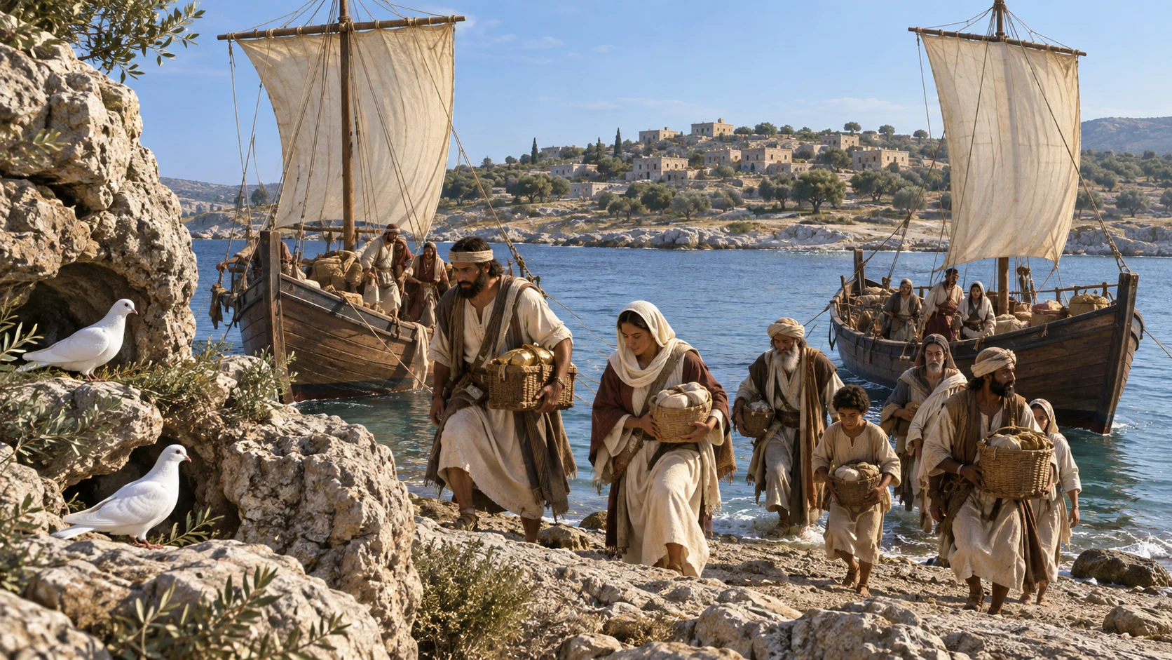 Returnees disembark from distant coastland vessels as doves settle near their own rocky homes.