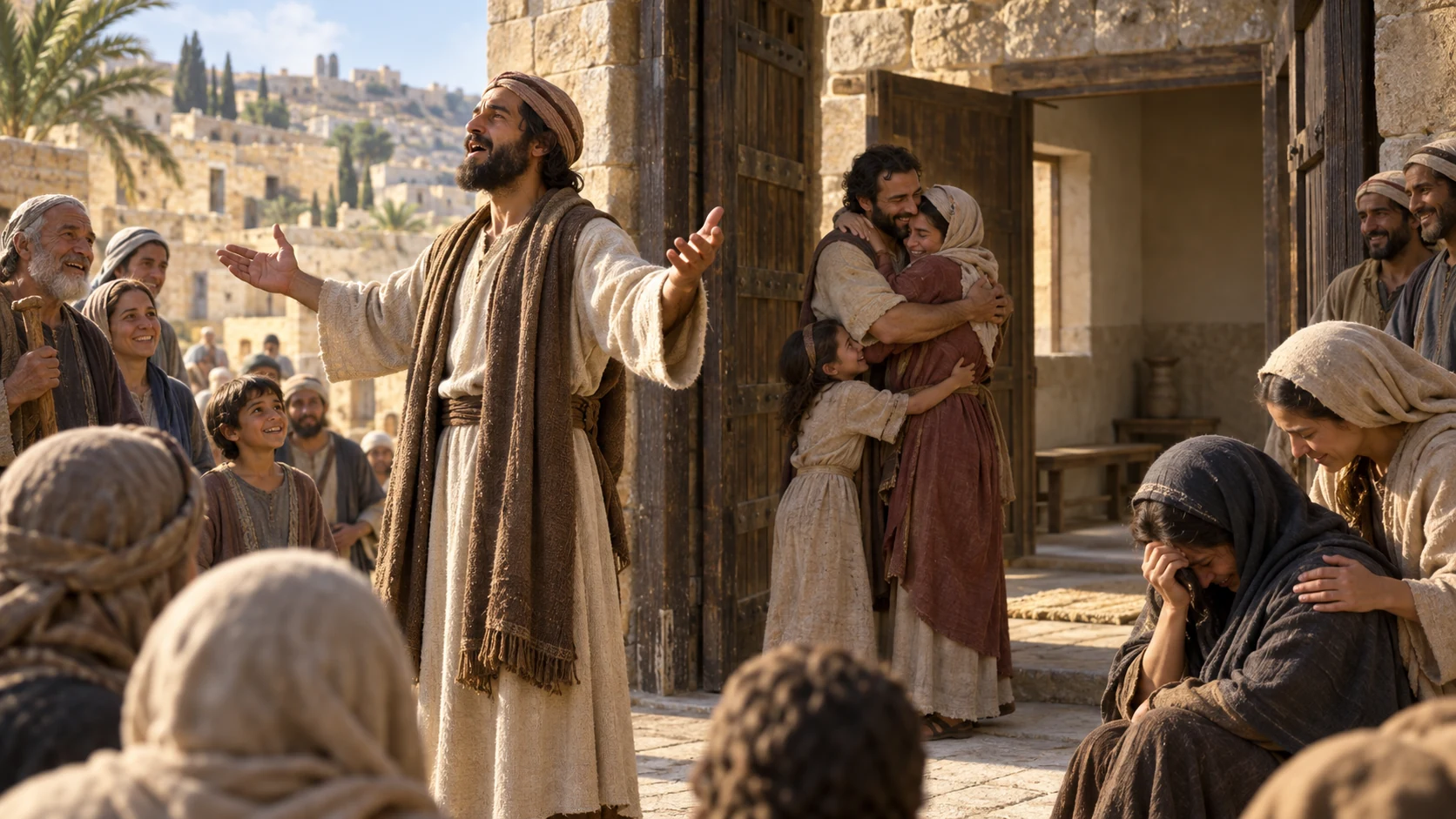 An anointed herald comforts mourners and announces freedom to humble neighbors at the gate.