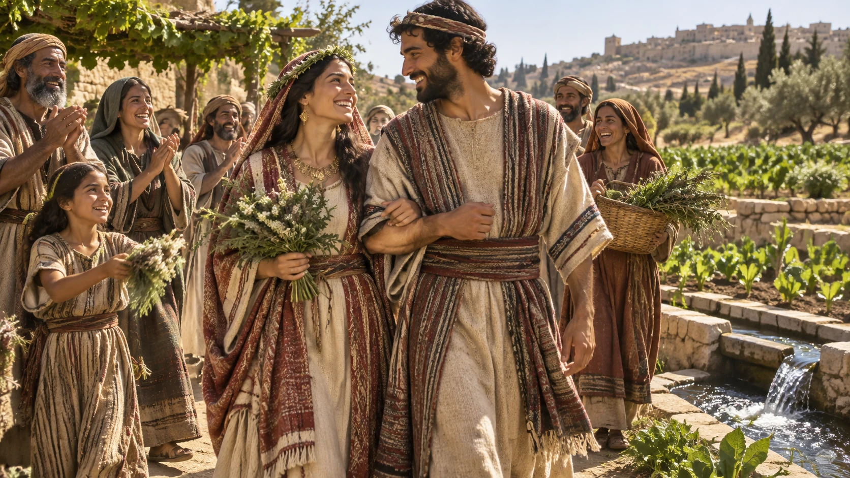 A bride and bridegroom rejoice as new shoots rise, picturing salvation and praise before the nations.