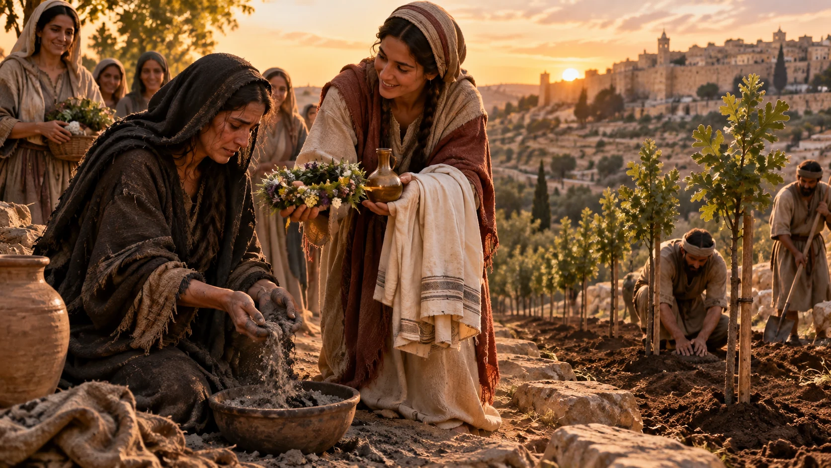 A mourner receives oil, a fresh garment, and a new beginning beside planted oaks.