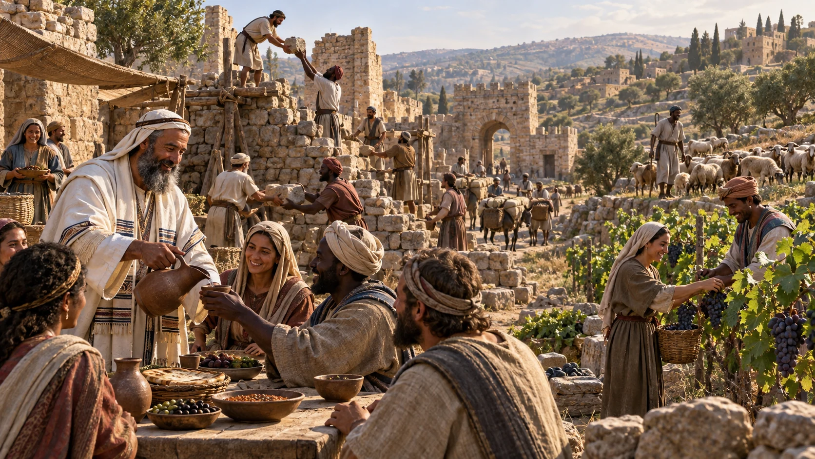Families and foreign neighbors repair old walls, tend vineyards, and renew the community together.