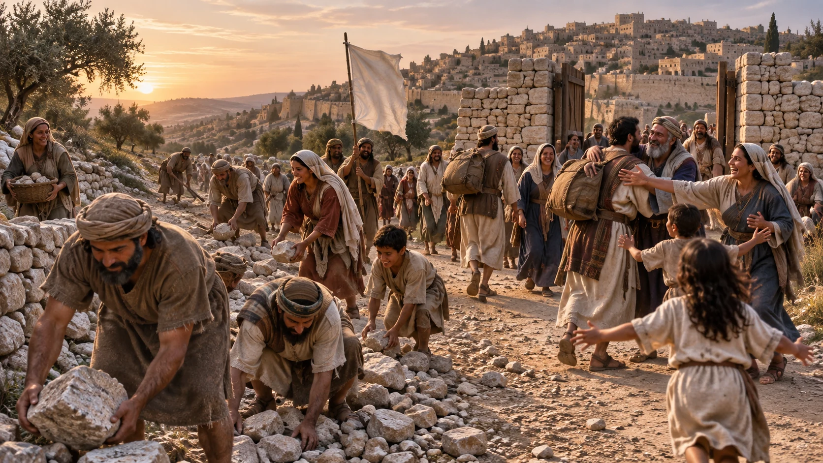Returnees clear stones from the road and meet welcoming neighbors at Jerusalem’s gate.