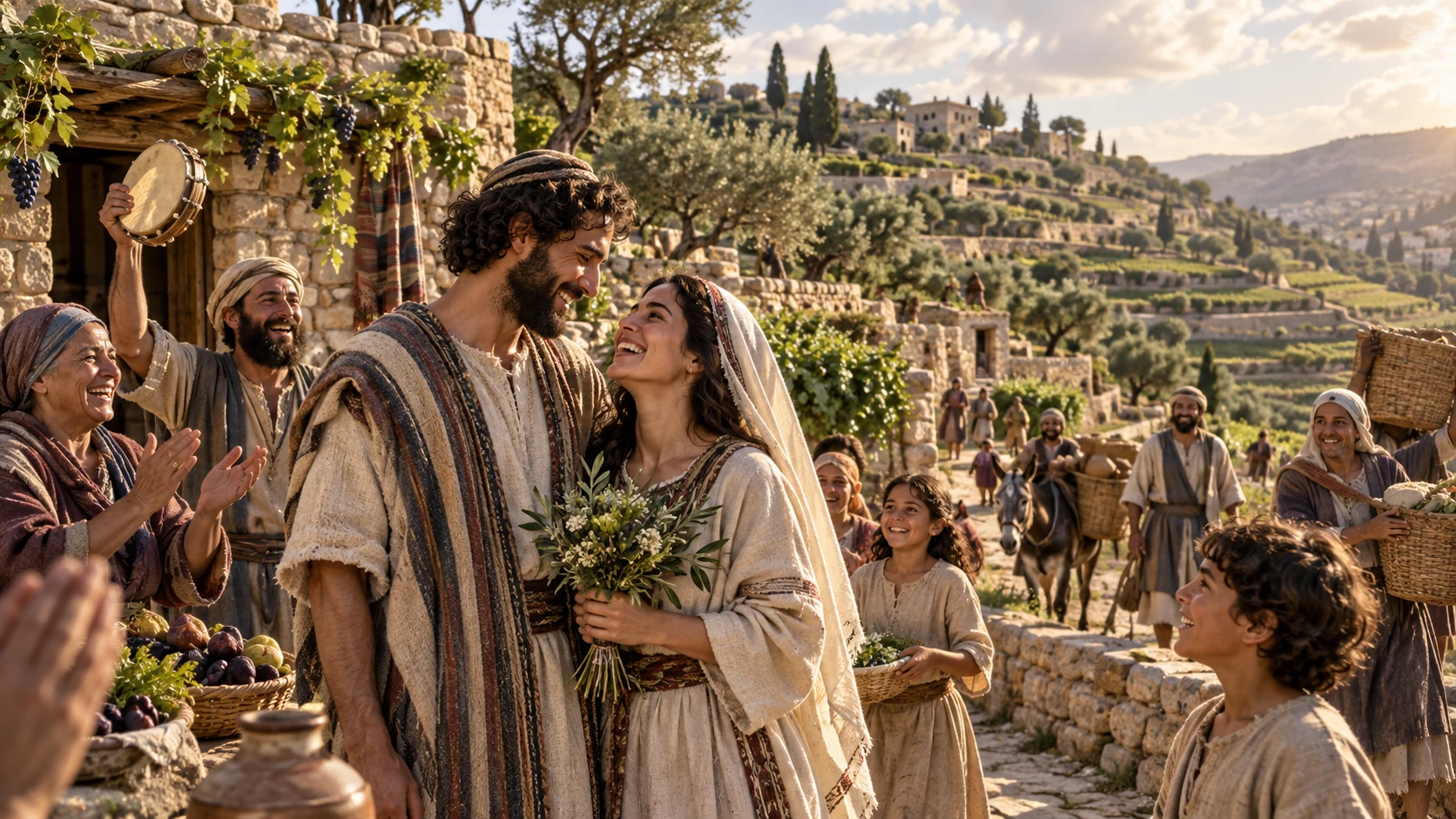 A restored hillside welcomes returning families as a bride and bridegroom rejoice among neighbors.