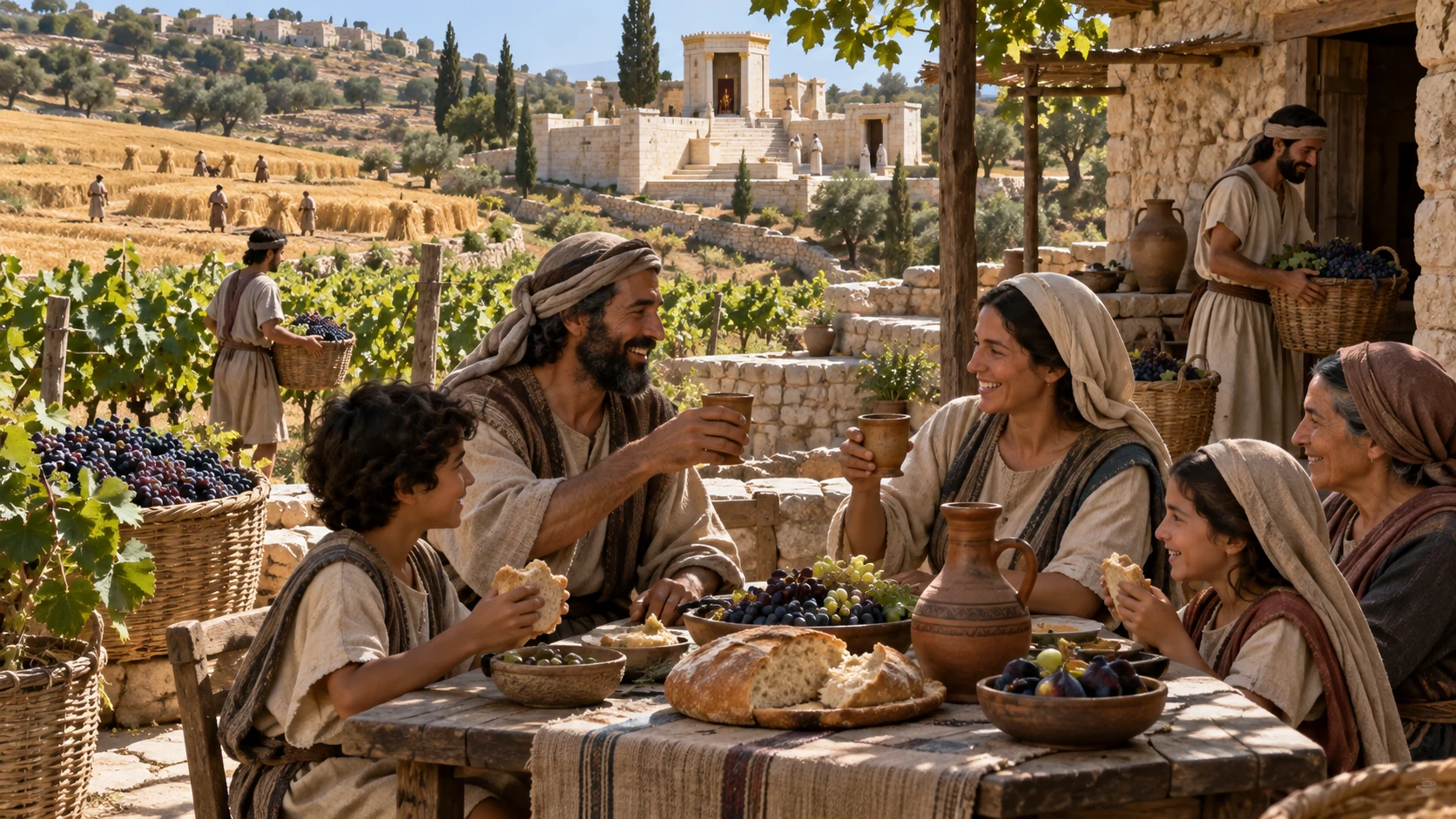 Families share grain and wine from the harvest they gathered themselves.