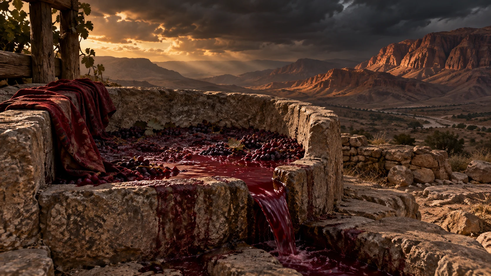 An empty crimson winepress evokes the severe judgment proclaimed from Edom without picturing God or bloodshed.