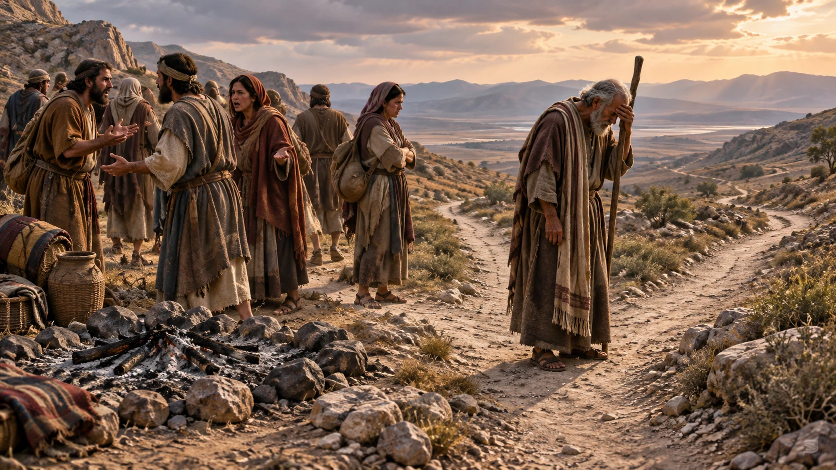 A divided group leaves the wilderness path as an elder grieves their rebellion.
