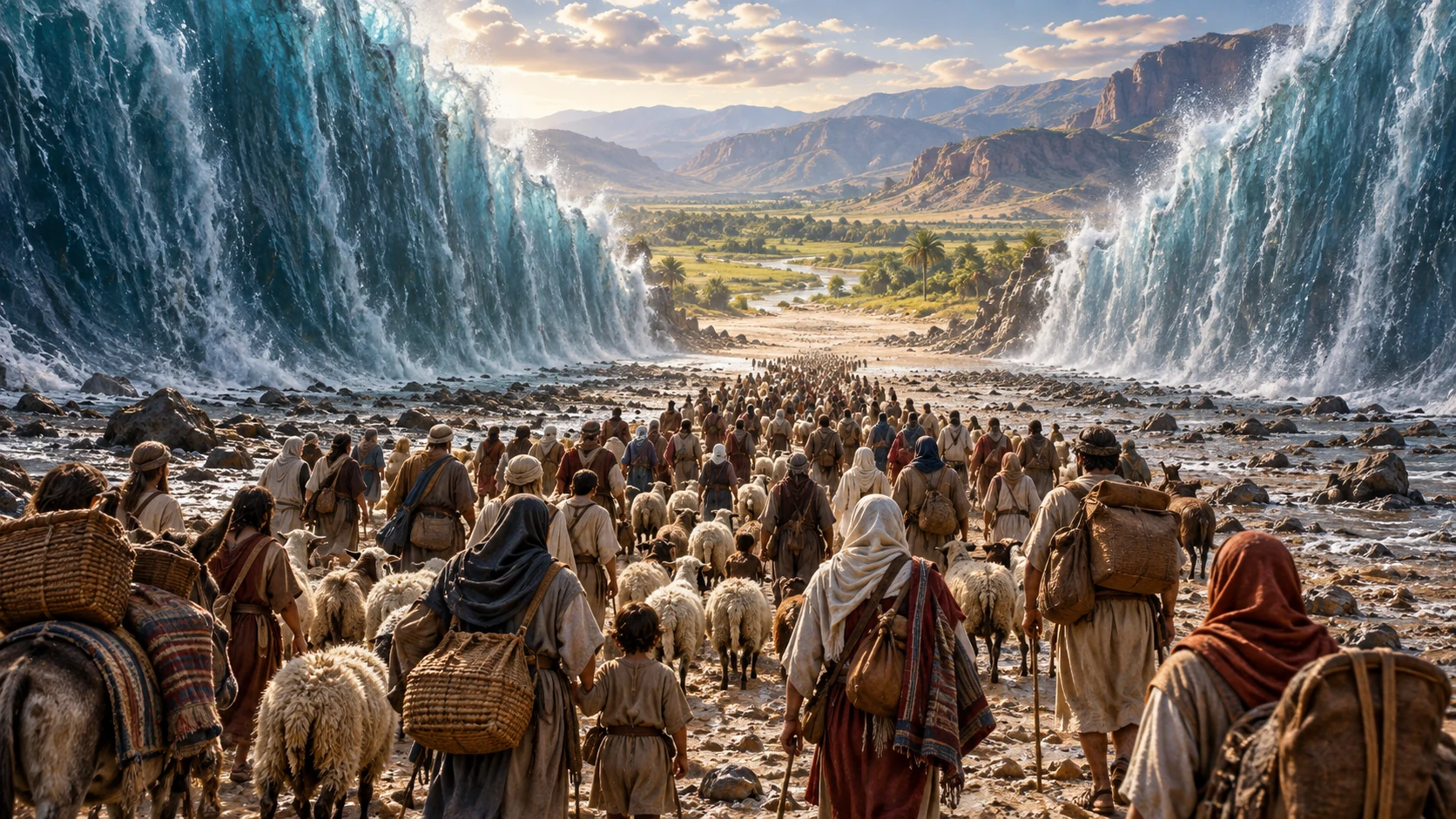 Israelite families and flocks cross the opened sea toward a place of rest.