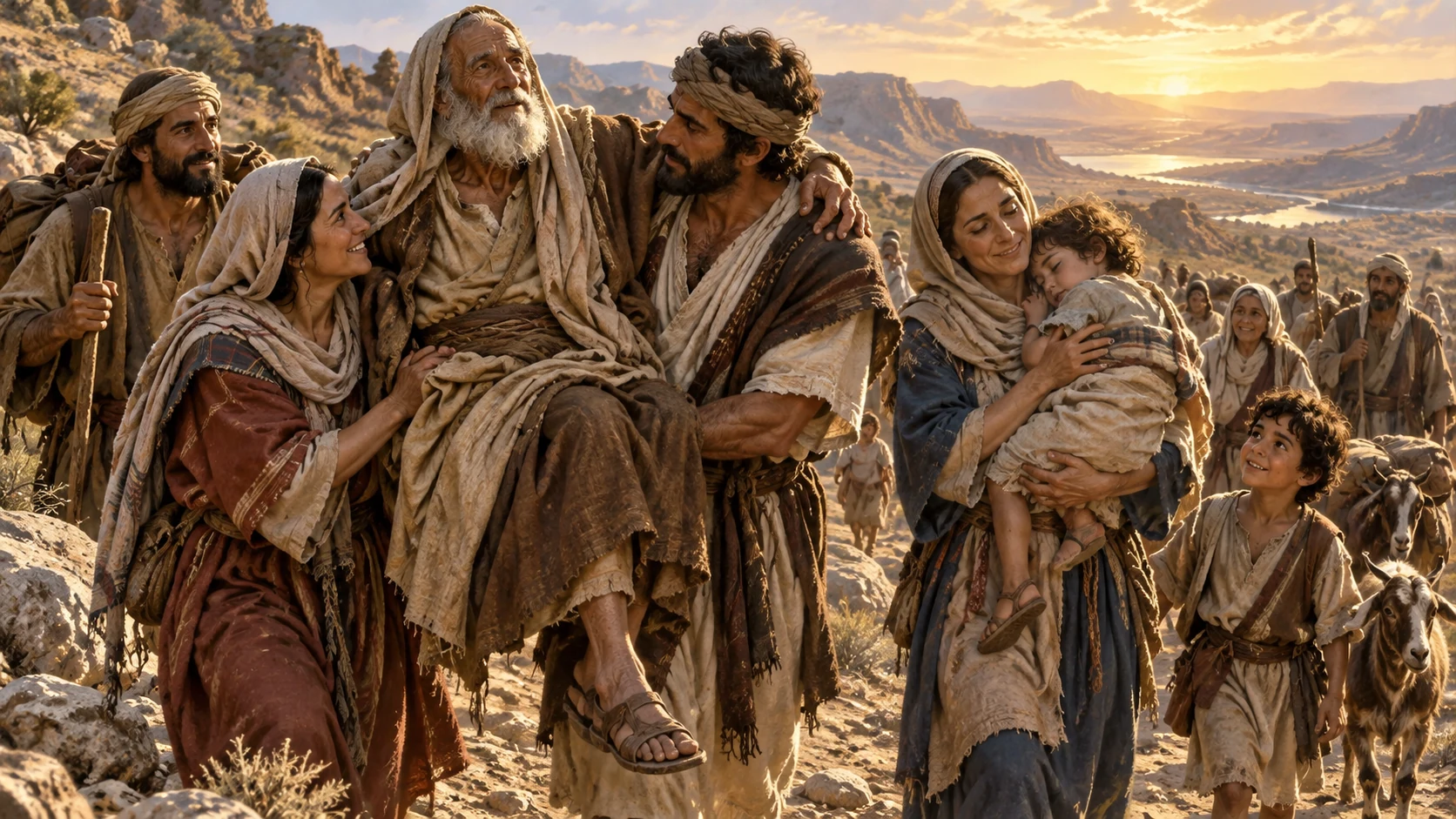 A family carries its weary members, picturing the compassion and rescue remembered by the prophet.