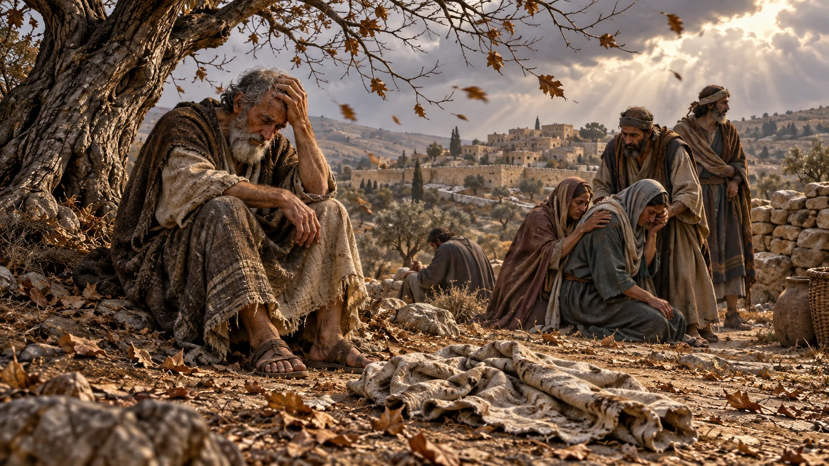Neighbors grieve their sin as dry leaves scatter around a discarded soiled garment.