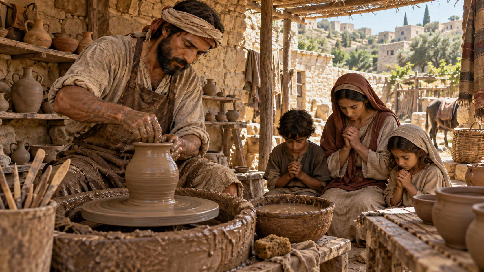 A human potter shapes soft clay as a family prays to its unseen Father.