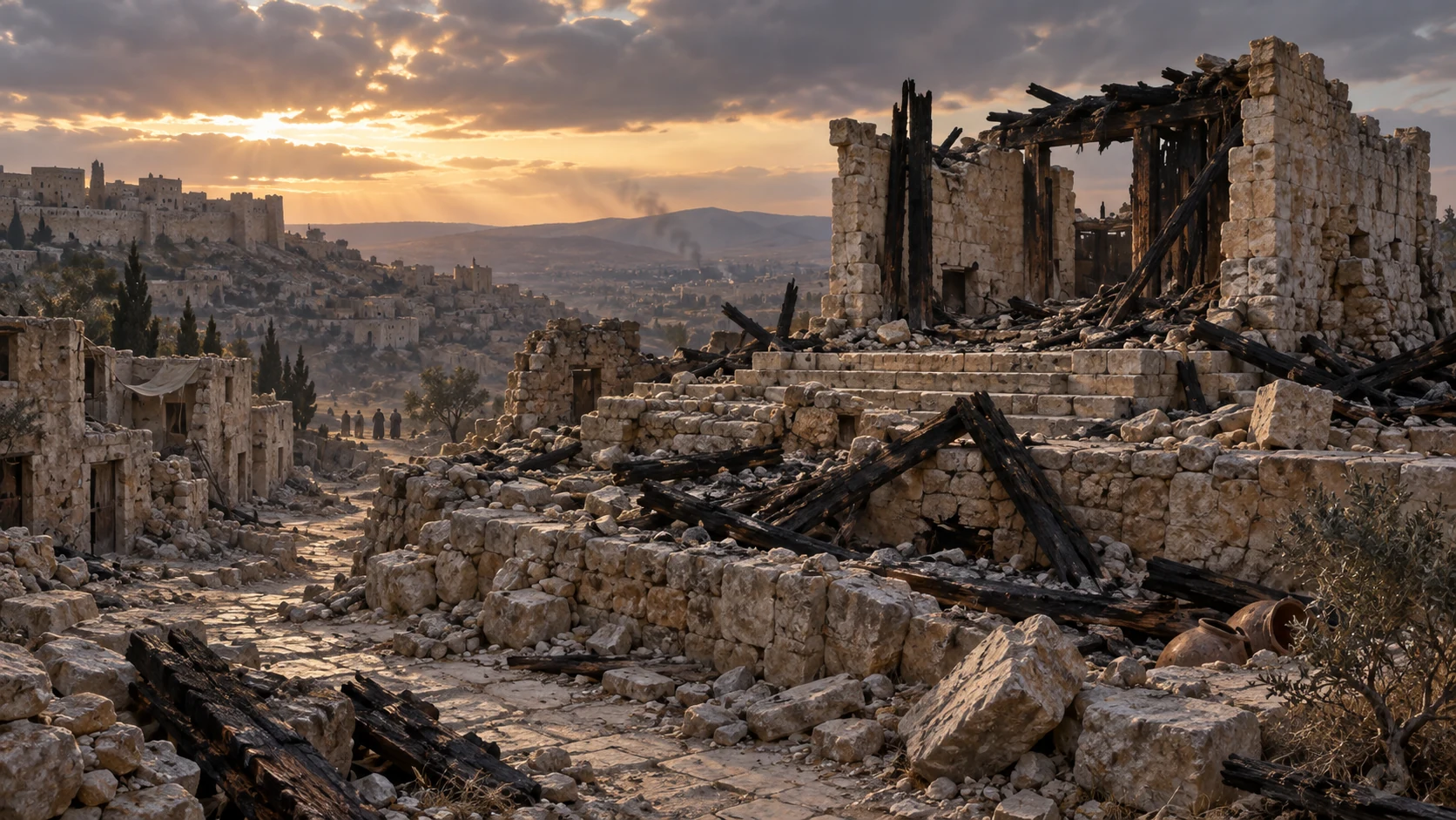 An empty ruined sanctuary stands over desolated streets as survivors mourn the loss.