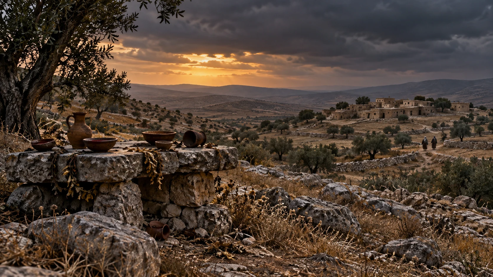 A table prepared for false fortune rites stands empty beneath a darkening sky.