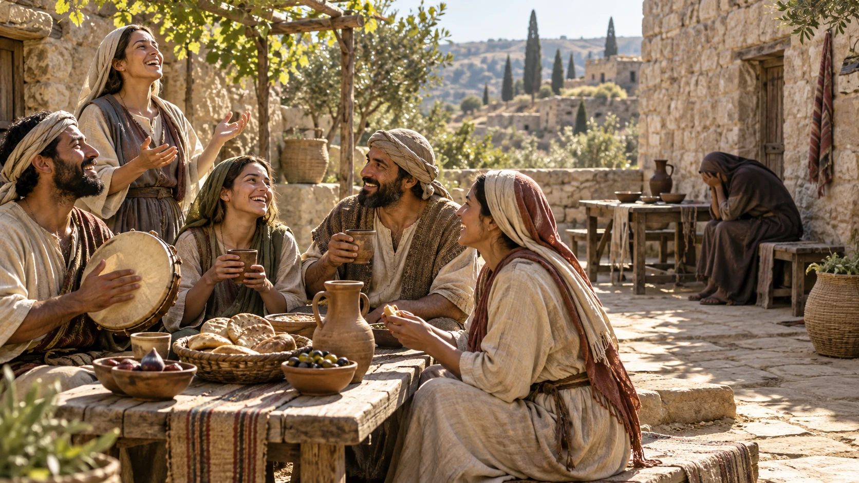 The faithful share food and grateful song while a distant neighbor grieves alone.