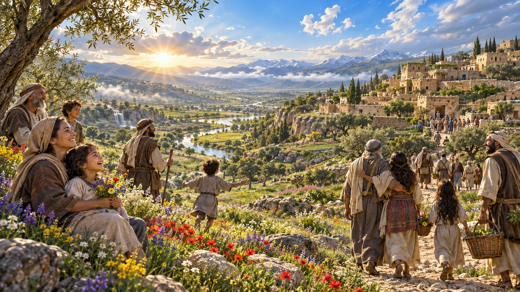 Families rejoice in a renewed Jerusalem beneath a fresh sky without weeping.