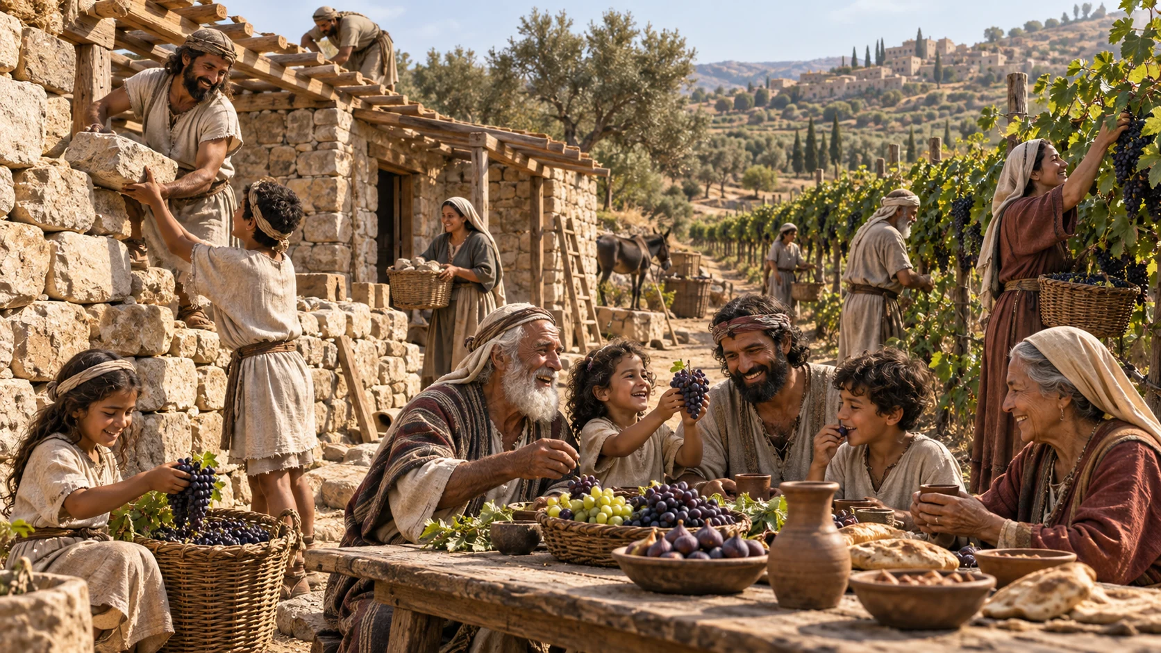 Three generations build their home, tend their vineyard, and share its fruit together.