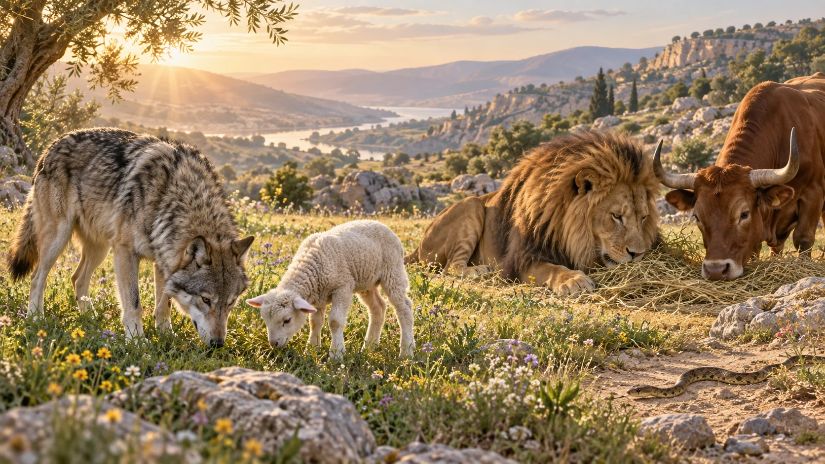 Wolf and lamb graze together as lion, ox, and serpent rest without causing harm.