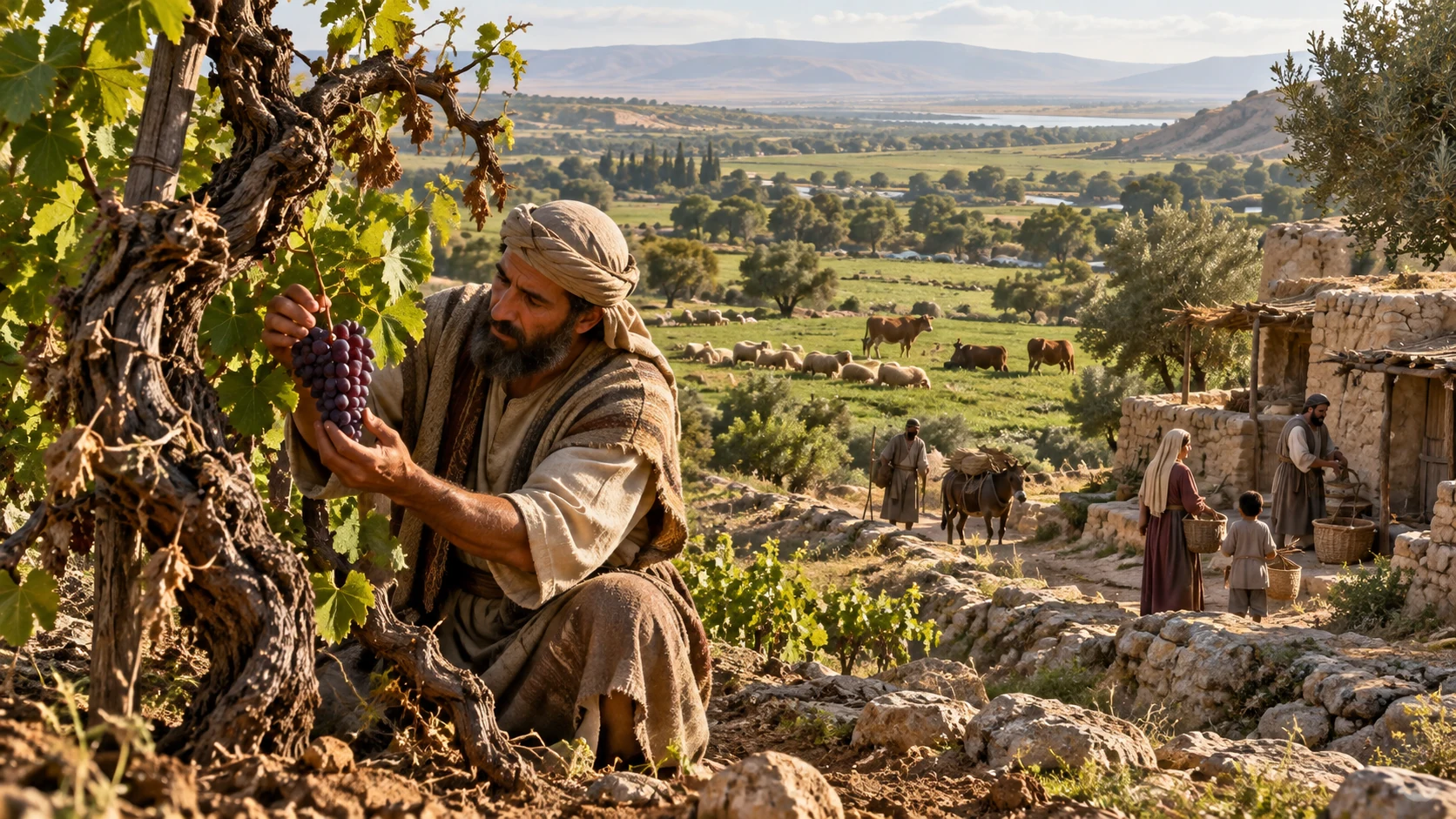 A vinegrower saves a good cluster while flocks rest in restored fields.