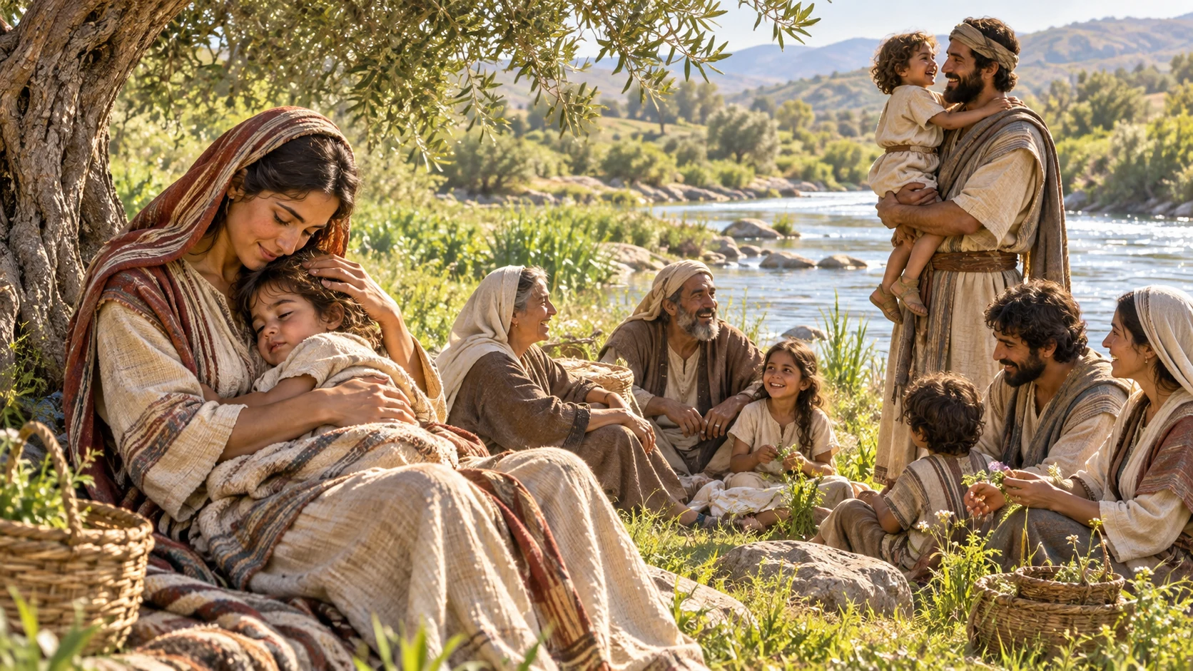 Families rejoice beside a river while a mother comforts her child after sorrow.