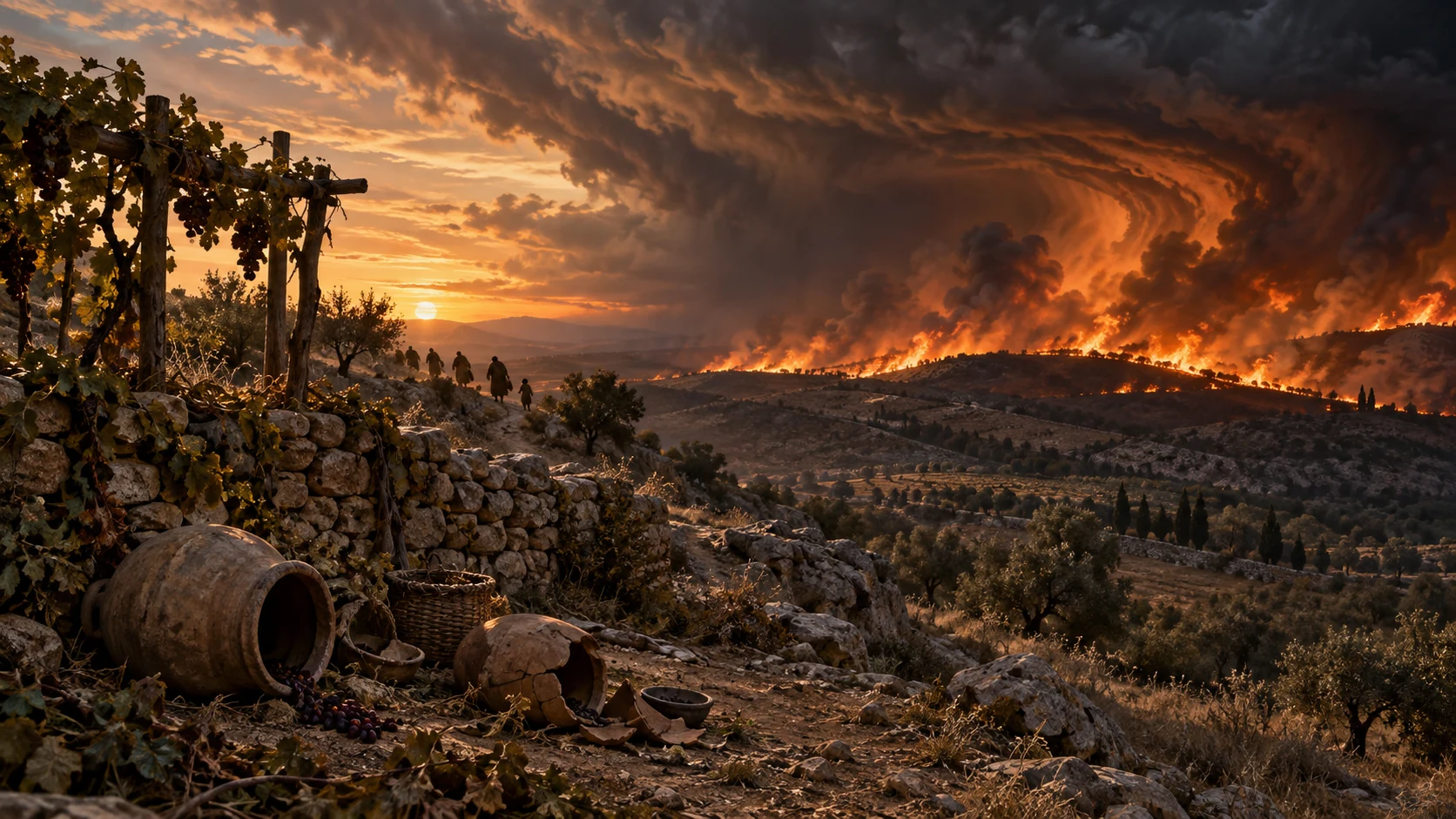 A distant wildfire and storm mark the severity of judgment on defiant practices.