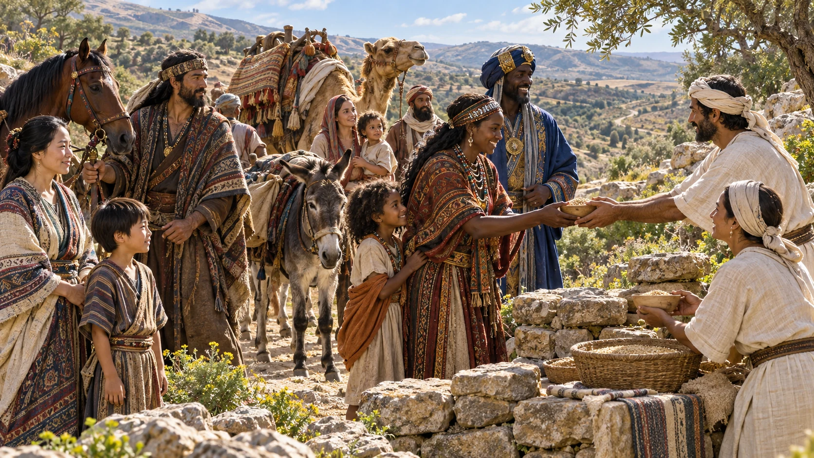 Travelers from distant lands arrive with animals and receive a humble priestly welcome.