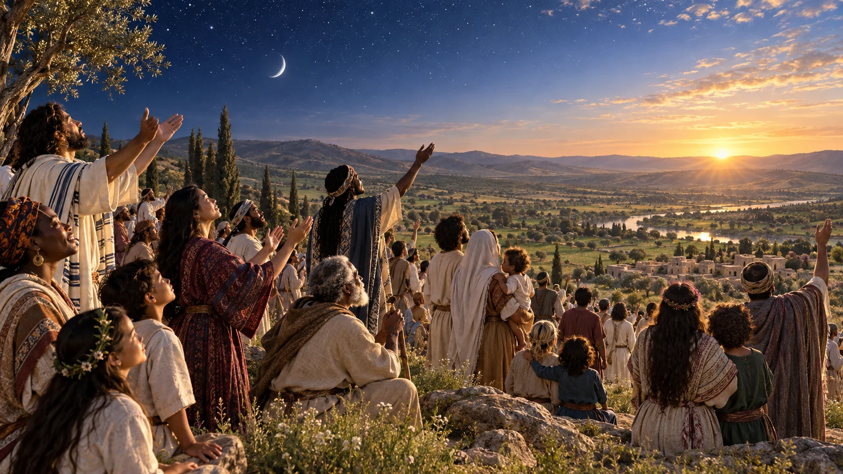 Generations from many peoples worship beneath a new moon and rising sun.