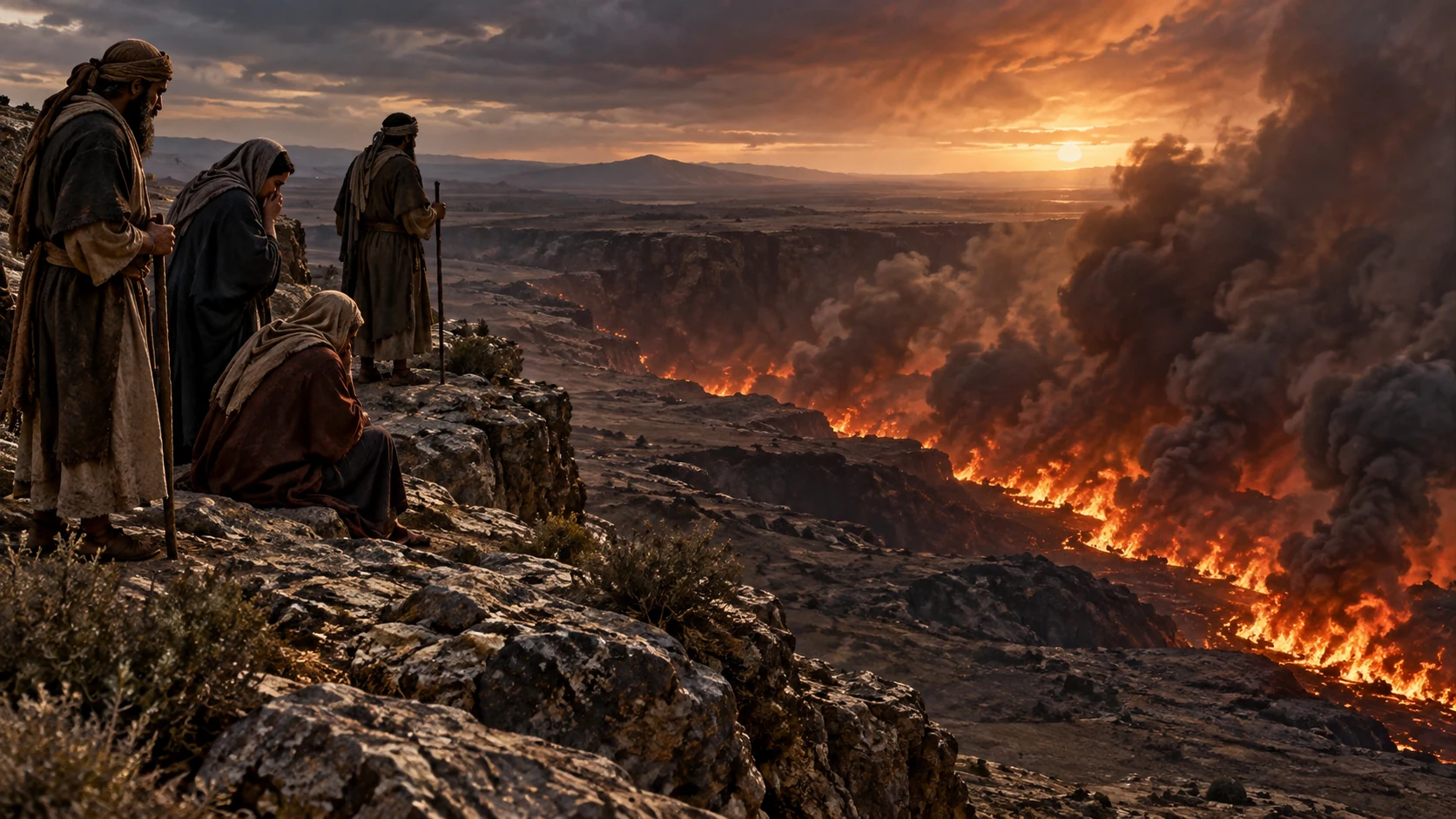 Witnesses look solemnly toward a distant ravine of enduring fire and smoke.
