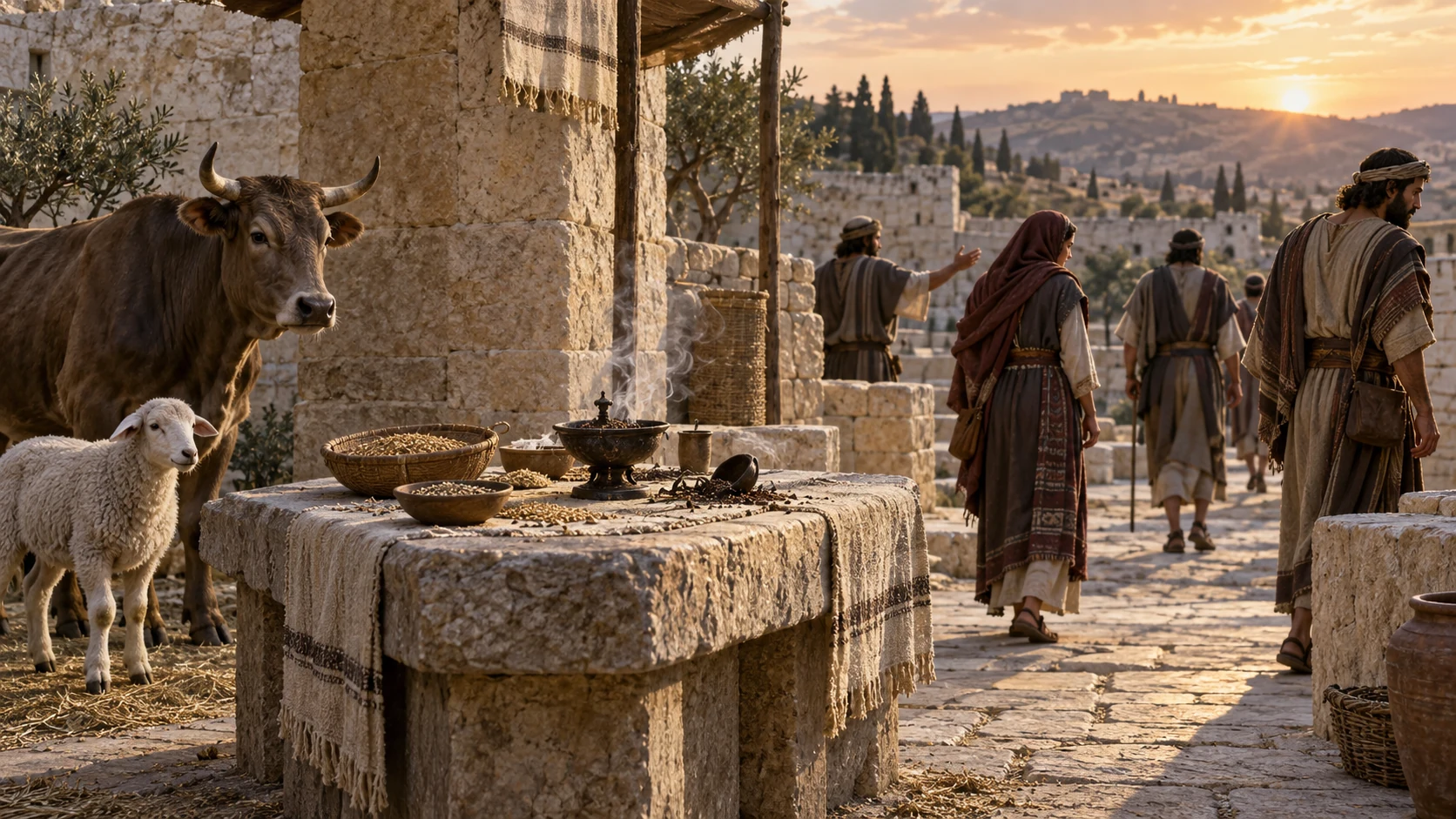 An abandoned ritual table remains as worshipers turn away from the call they heard.