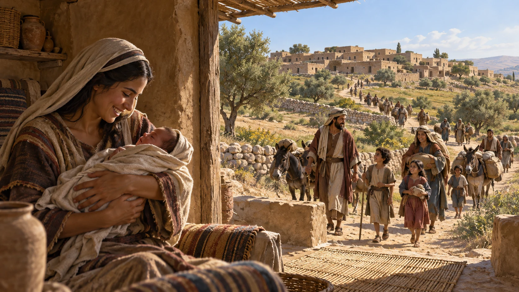A mother welcomes a newborn as returning families approach the humble hill settlement.