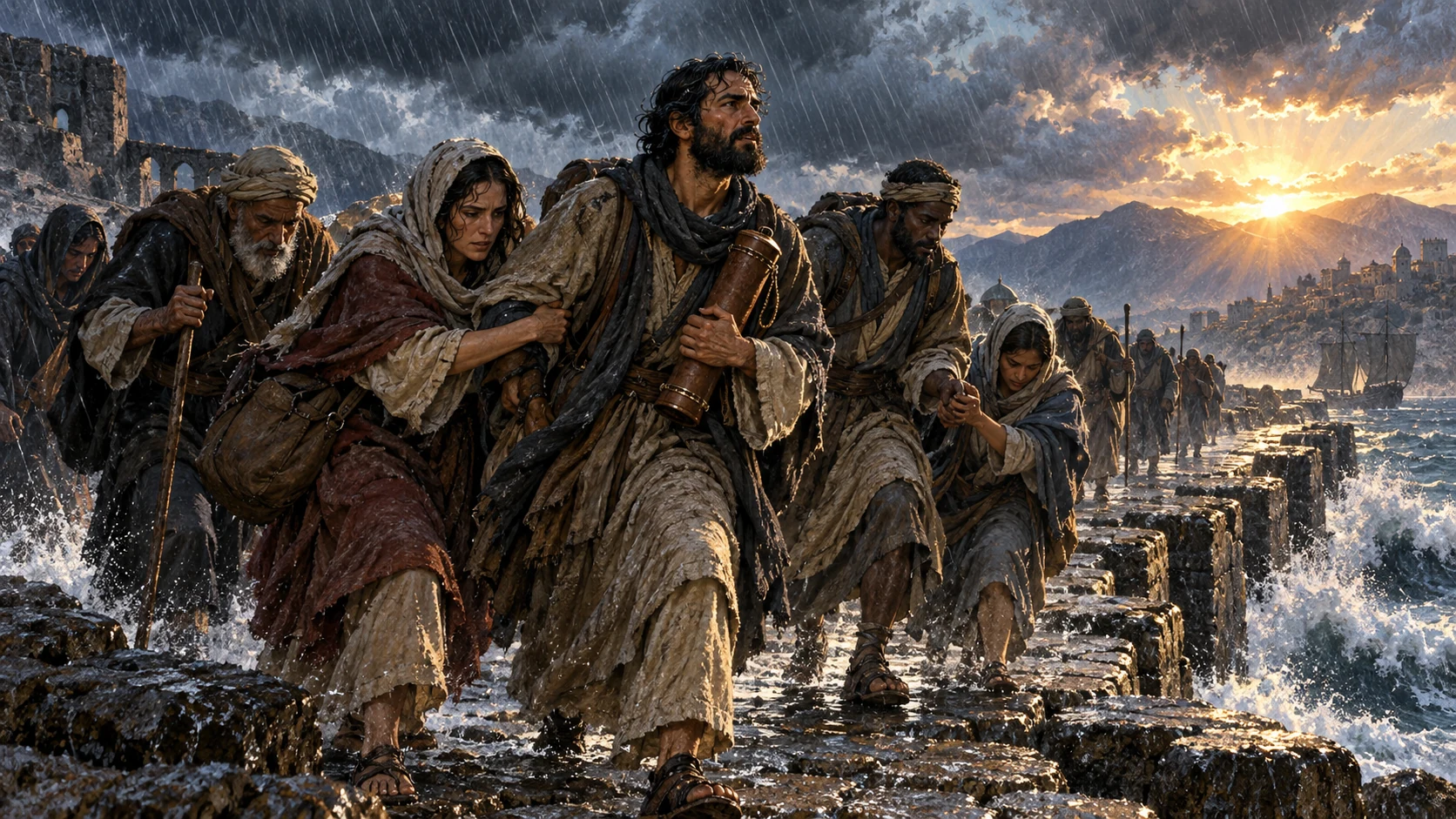 Dispersed first-century believers help one another cross a rain-lashed stone causeway at dawn.