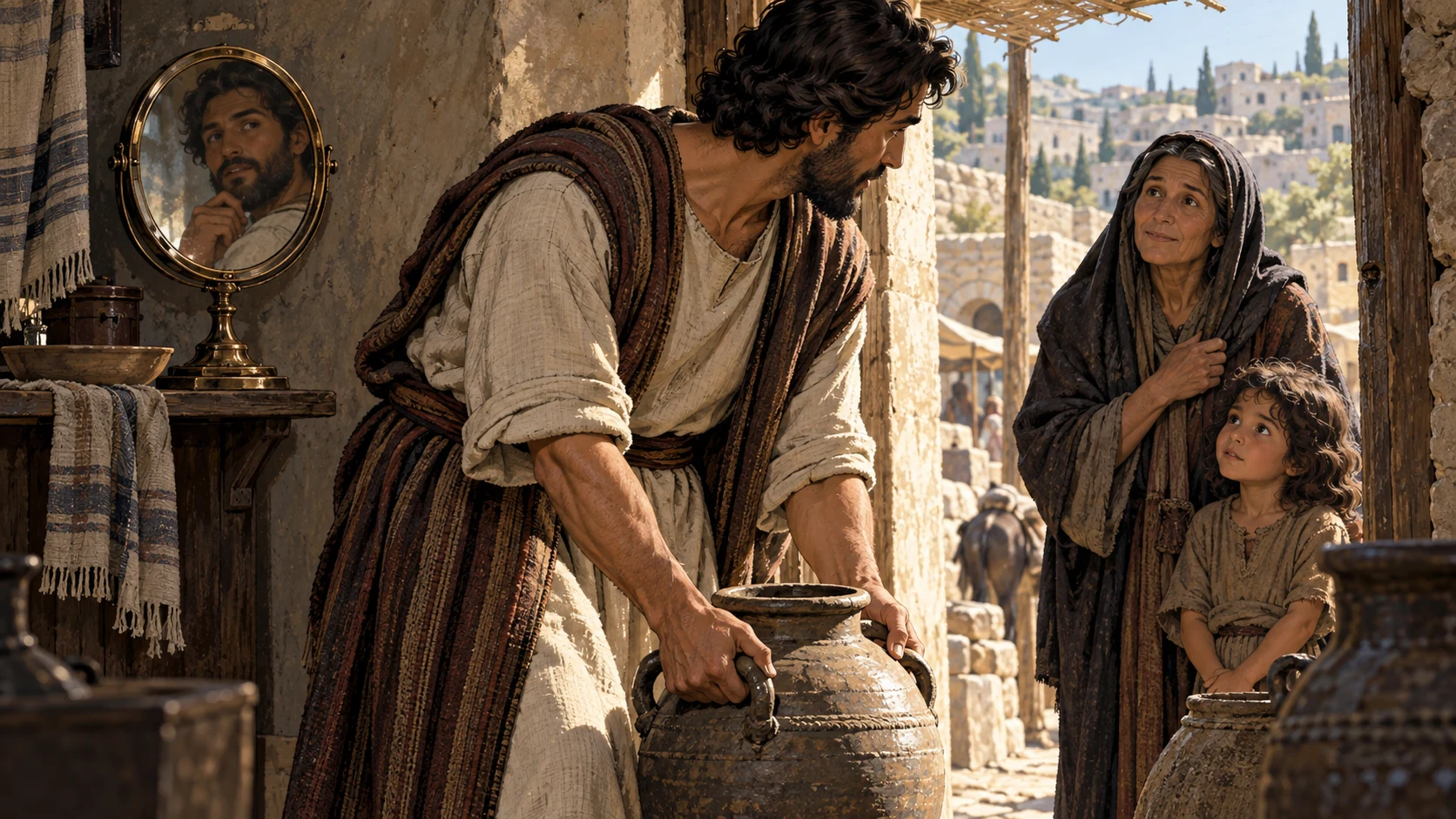 A man turns from a bronze mirror to help a widow and child with a heavy water jar.