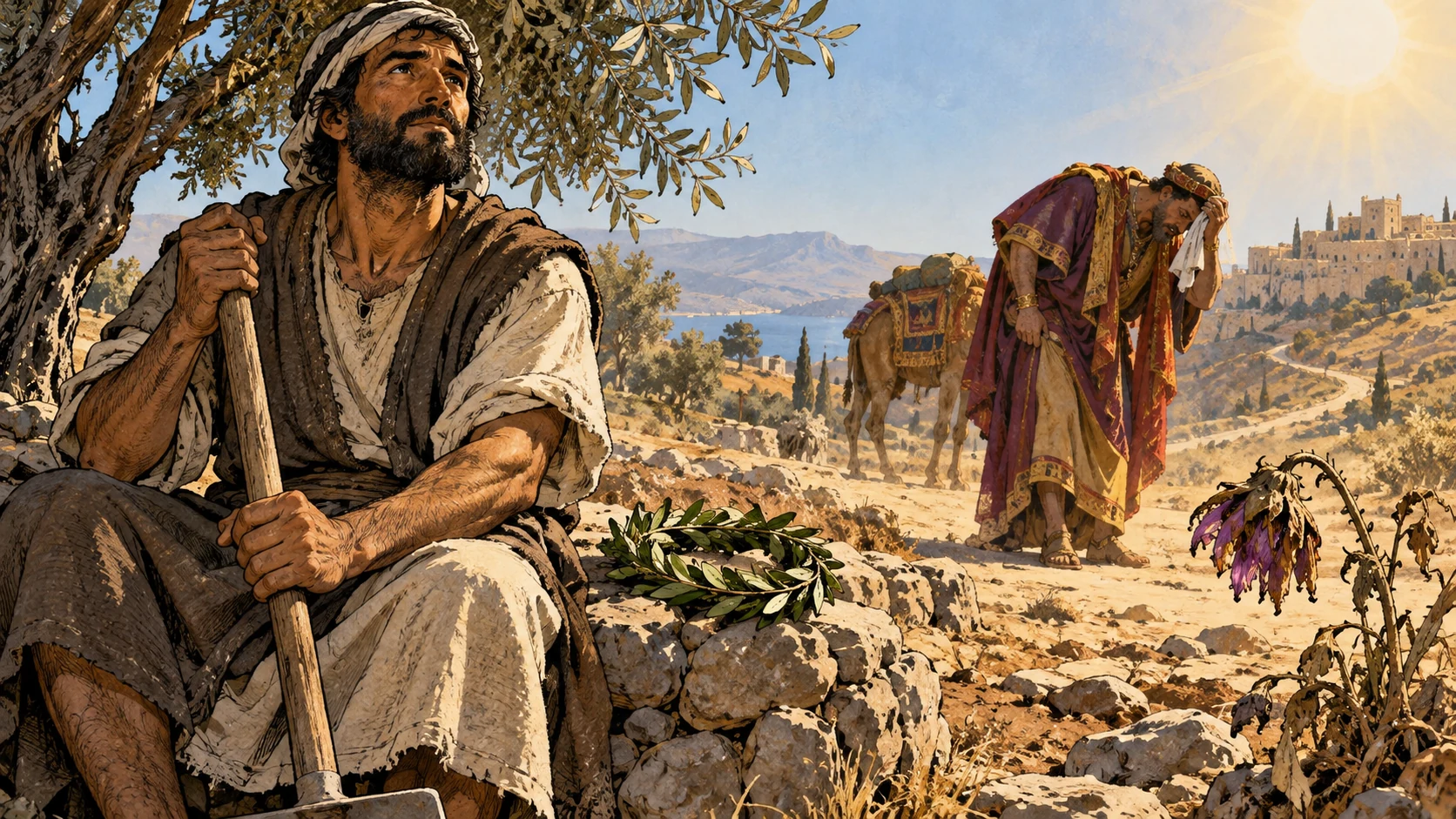 A humble worker stands steady while a wealthy traveler and a wildflower wilt in fierce heat.