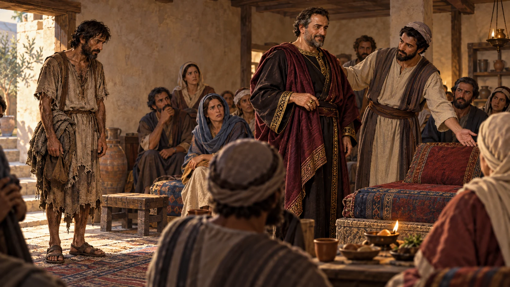 A wealthy visitor receives the best seat while a poor laborer is left standing in a house gathering.
