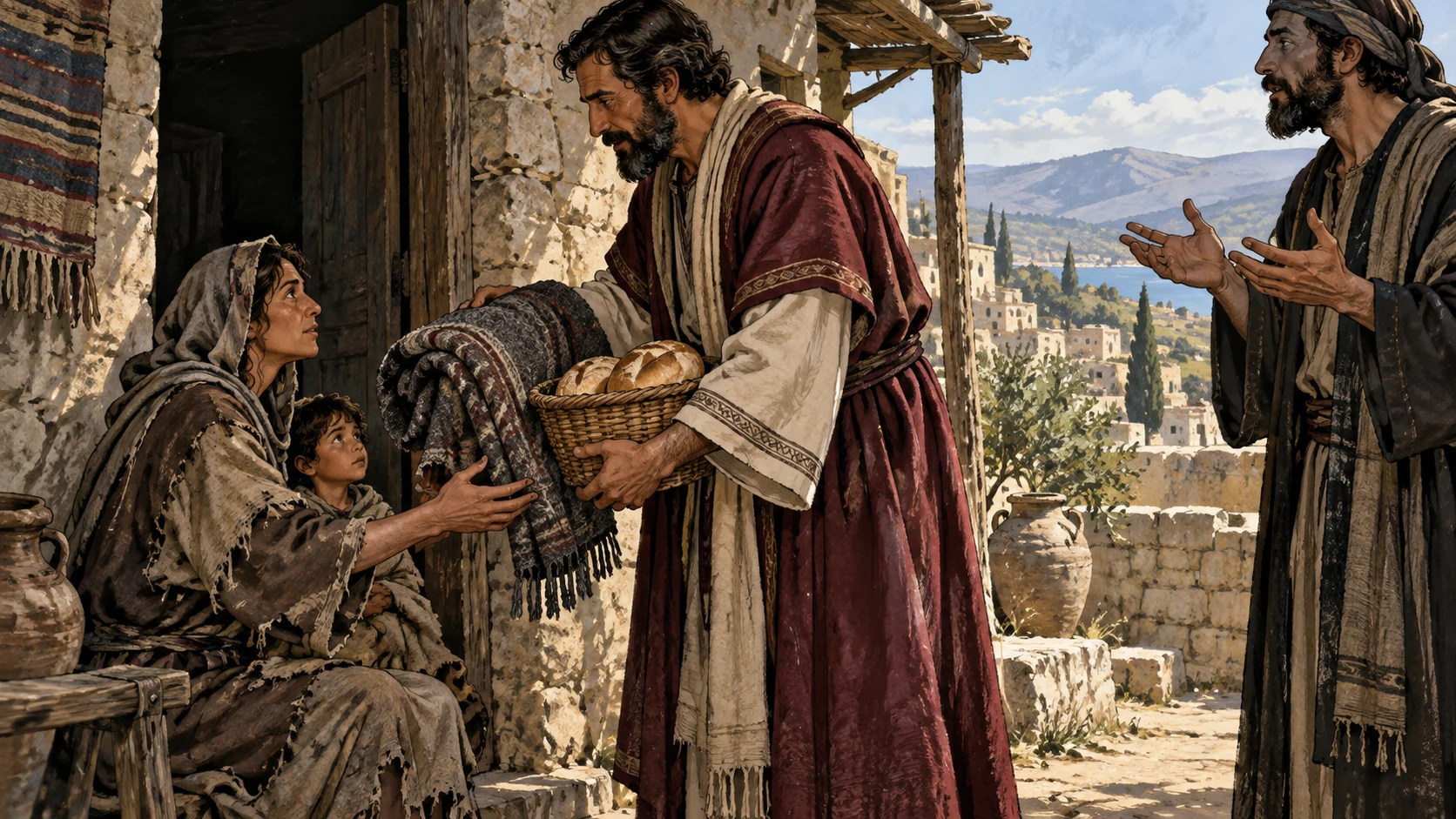 A believer gives a wool cloak and bread to a cold mother and child at a doorway.