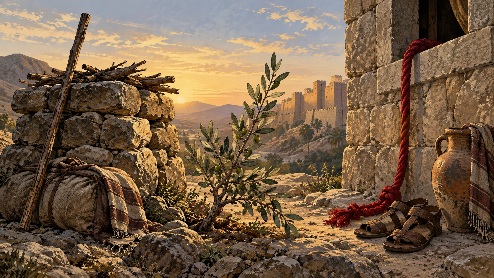 A travel staff and altar stand opposite a red cord at a Jericho window, joined by a living olive branch.