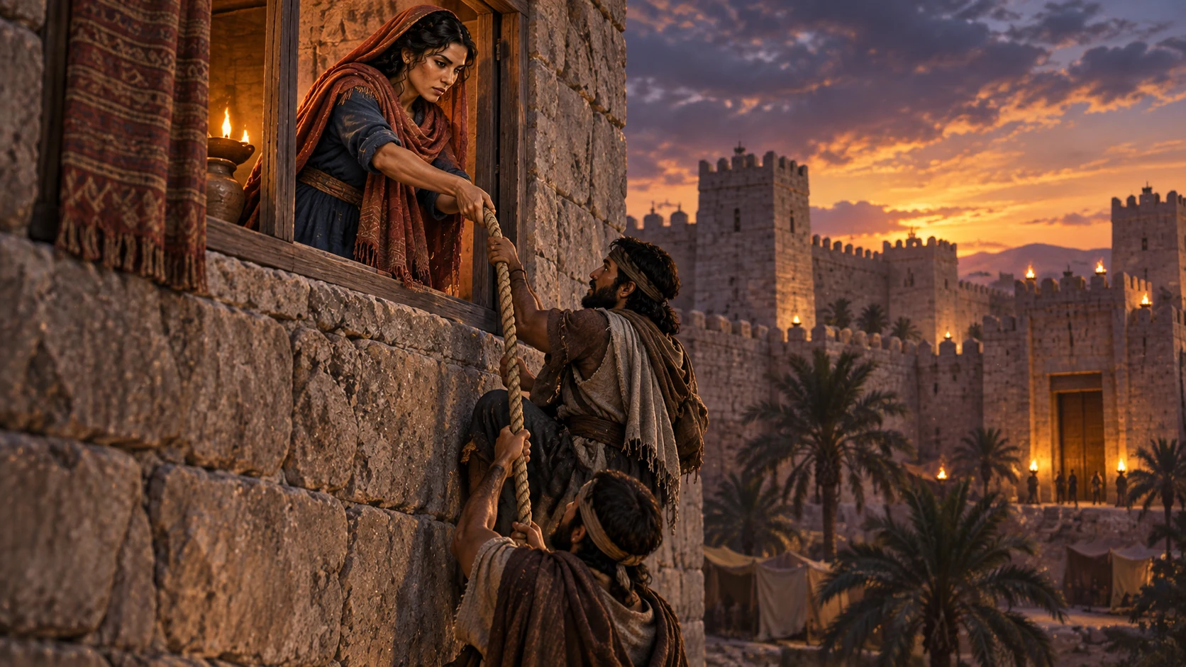 Rahab helps two messengers descend by rope outside the wall of Jericho.