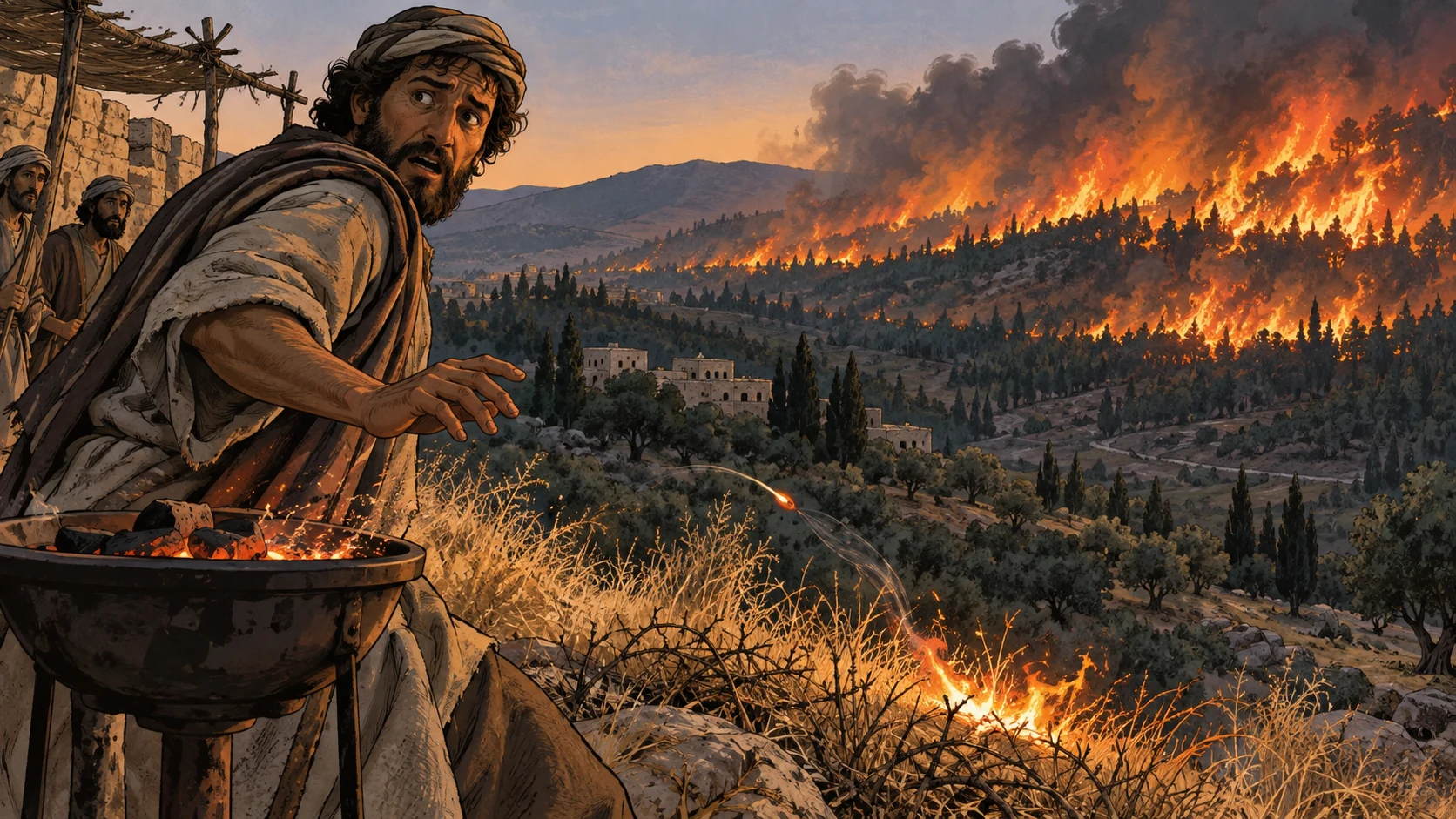 A tiny ember escapes a brazier and ignites dry grass below a spreading forest fire.