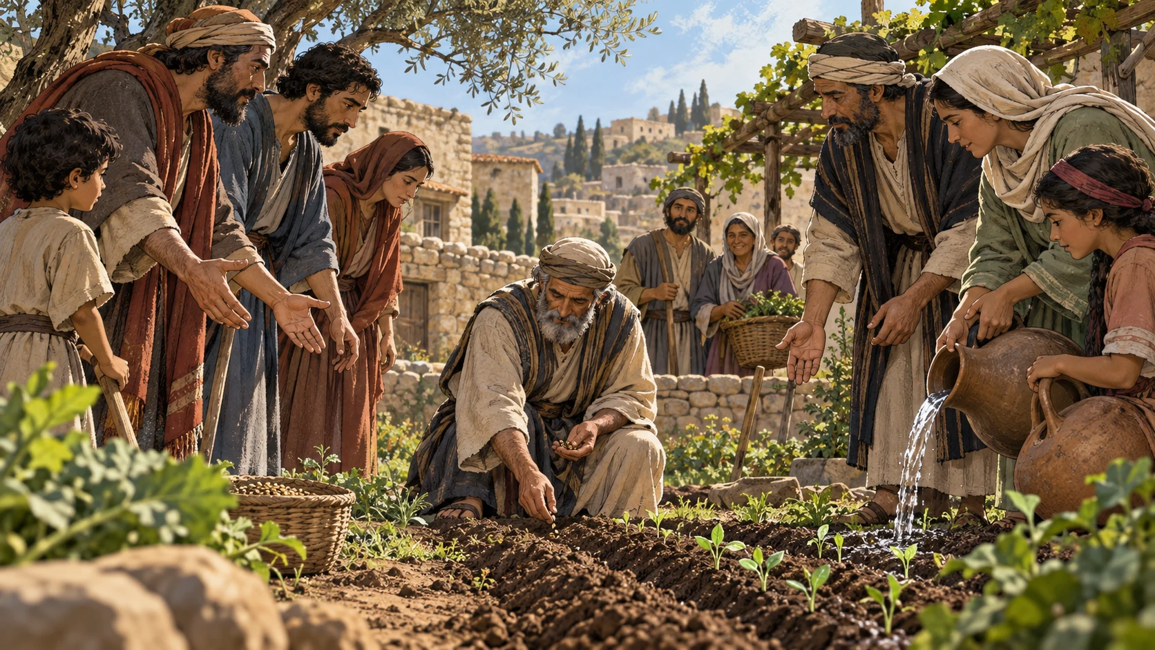 An elder plants seed between two reconciling families in a village courtyard.