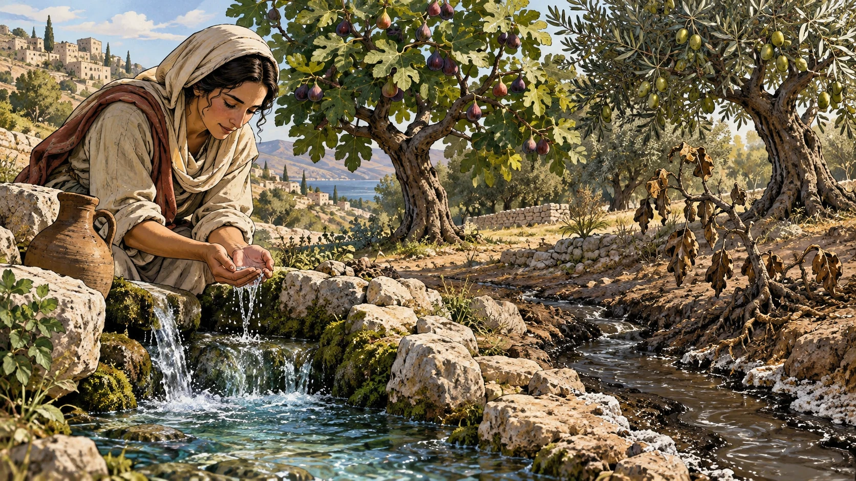 A woman cups fresh spring water beside fig and olive trees bearing their proper fruit.