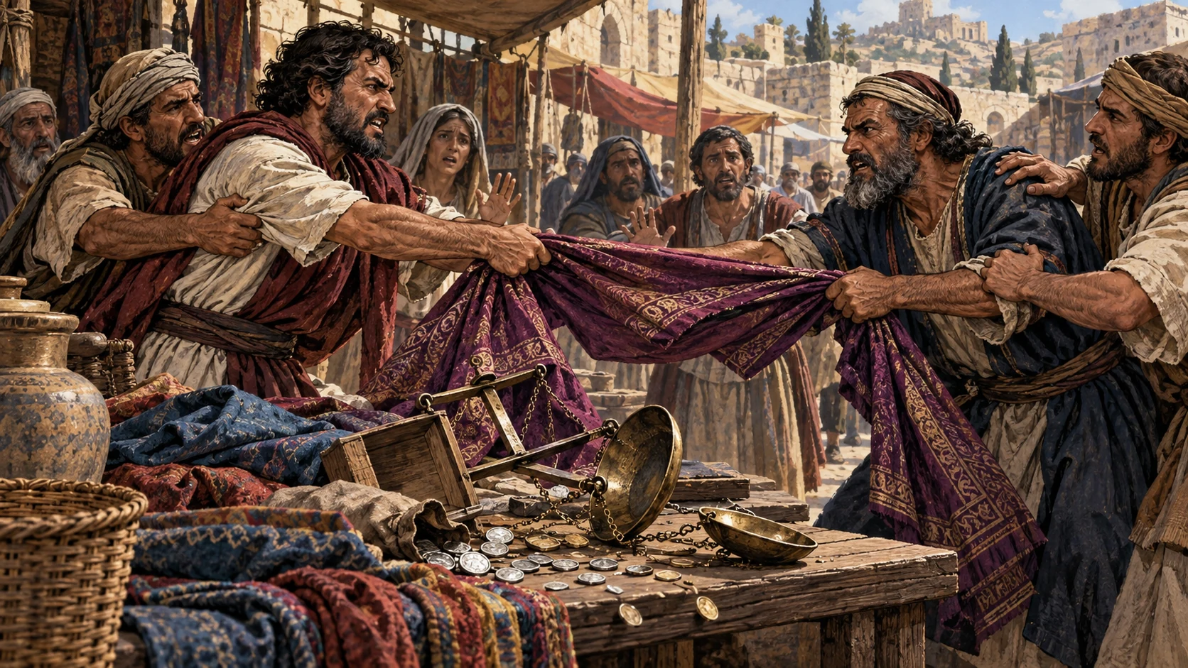 Two men struggle over dyed cloth amid overturned scales and scattered coins in a market.