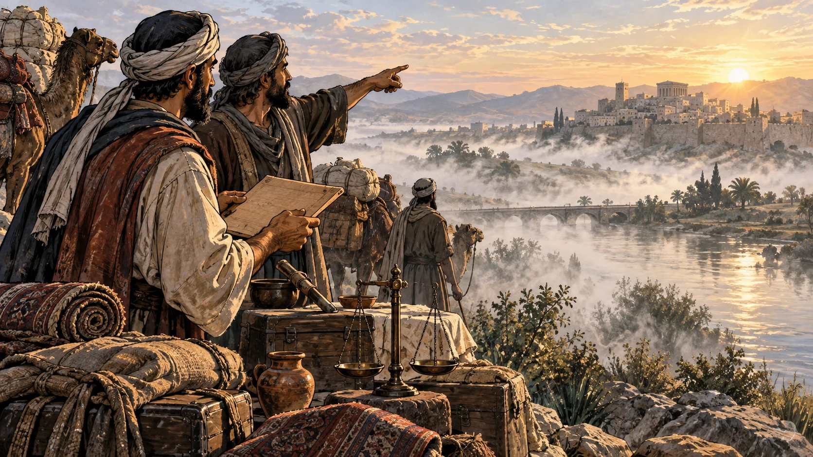 Merchants plan a journey to a walled city as river mist dissolves around their caravan.