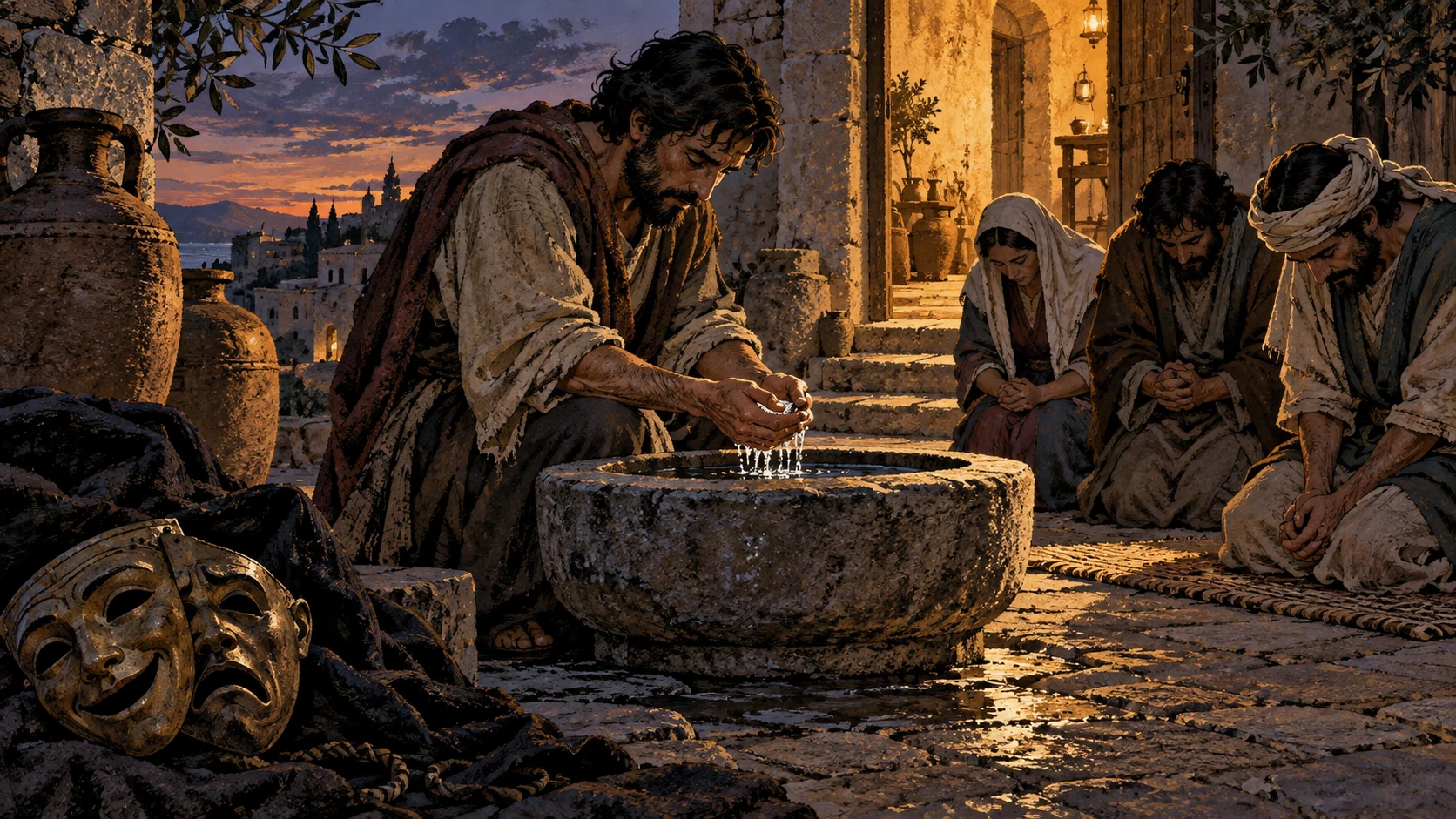 A remorseful believer washes dusty hands at a stone basin while companions pray nearby.