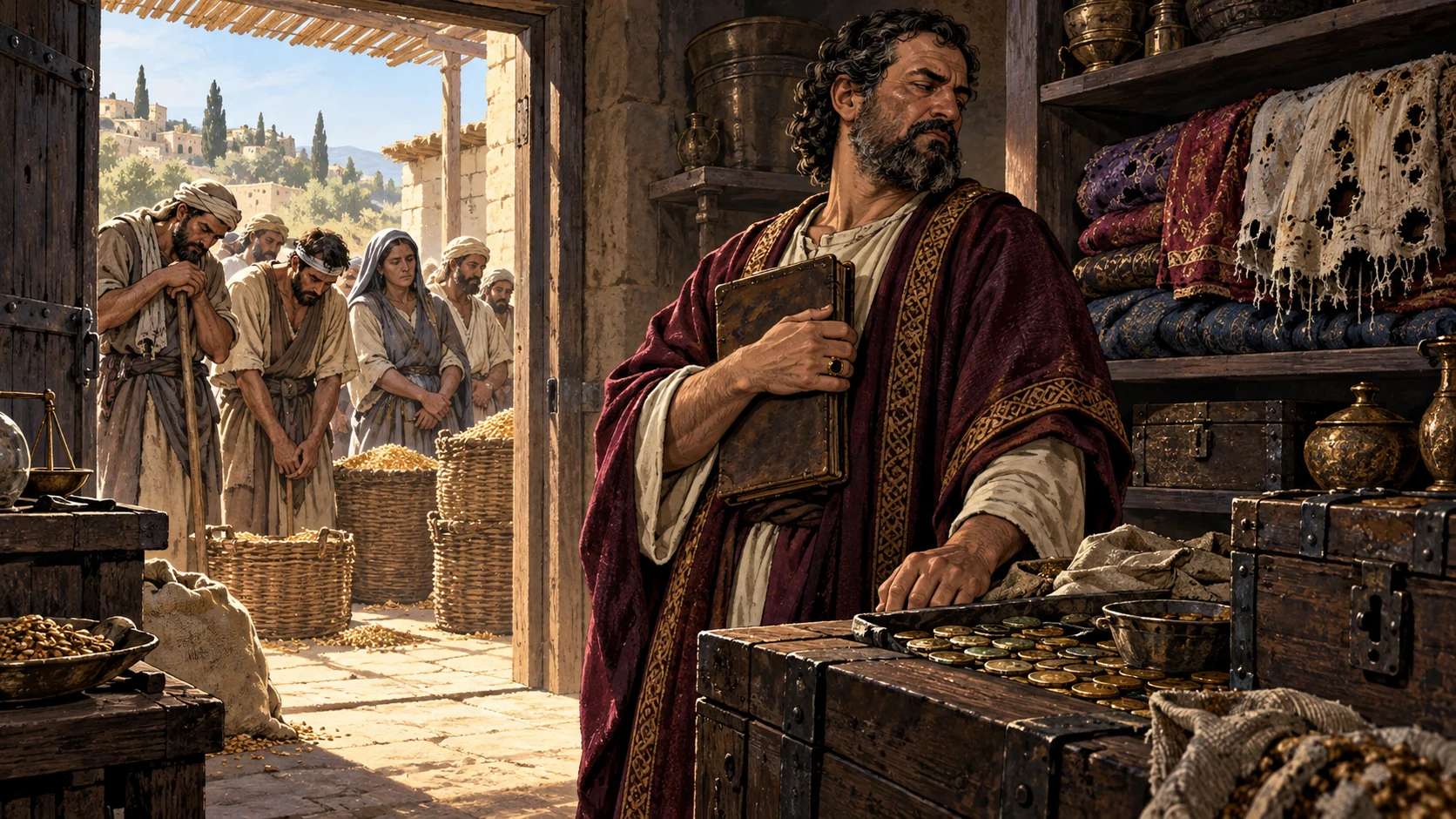 Tarnished coins and moth-eaten cloth fill a storeroom while unpaid harvest workers wait outside.