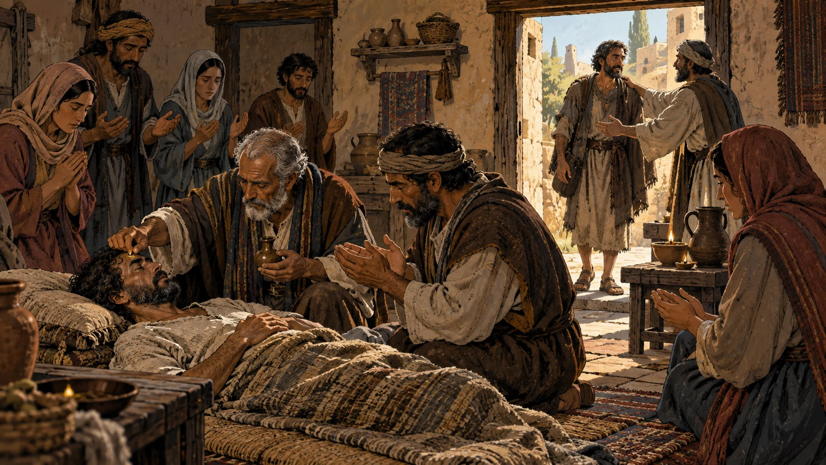 Elders anoint a sick adult with oil while a friend welcomes a returning traveler.