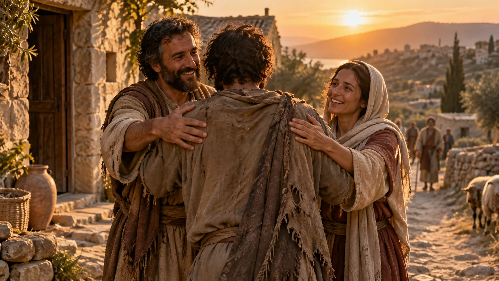 Two neighbors embrace a returning traveler on a sunlit village road.