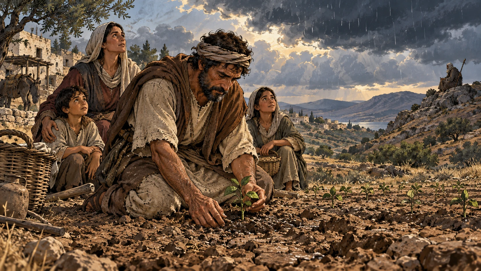 A farmer kneels by a seedling as the first rain darkens the dry field.